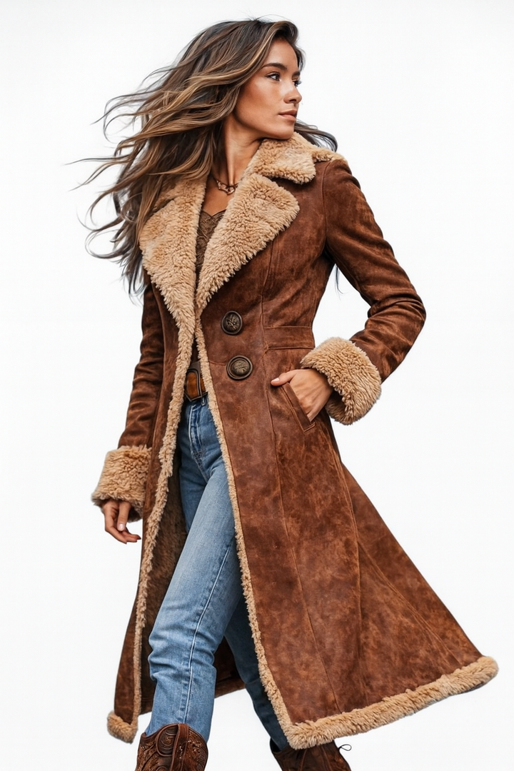 Long Vintage-Inspired Coat with Faux Fur