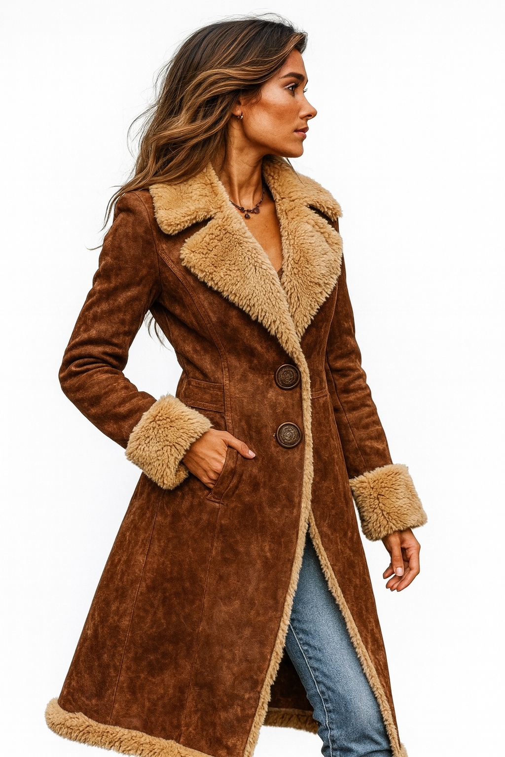 Long Vintage-Inspired Coat with Faux Fur
